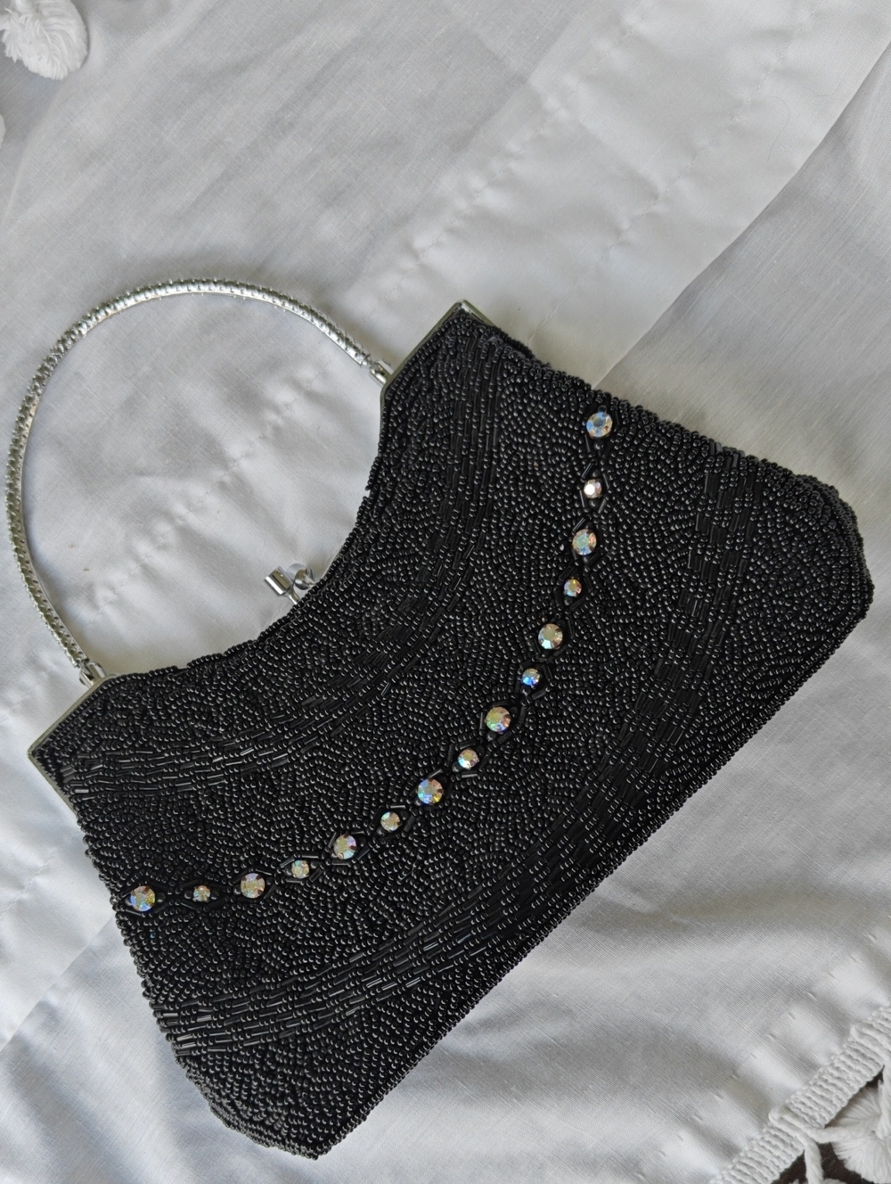 Le Soir Black Beaded Evening Clutch with Silvertone Handle